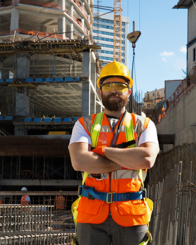 Bauarbeiter mit Helm vor Baustelle – Symbol für Erfahrung und Fachwissen